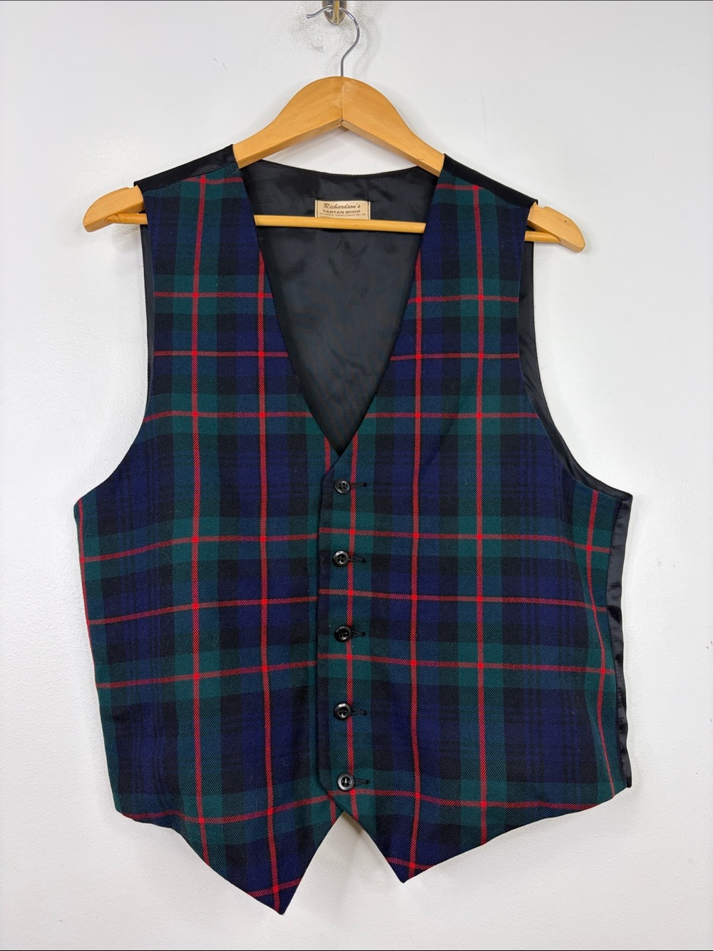 Vintage Waistcoat Mens Medium Blue Green Red Tartan Plaid Wool Vest Scottish